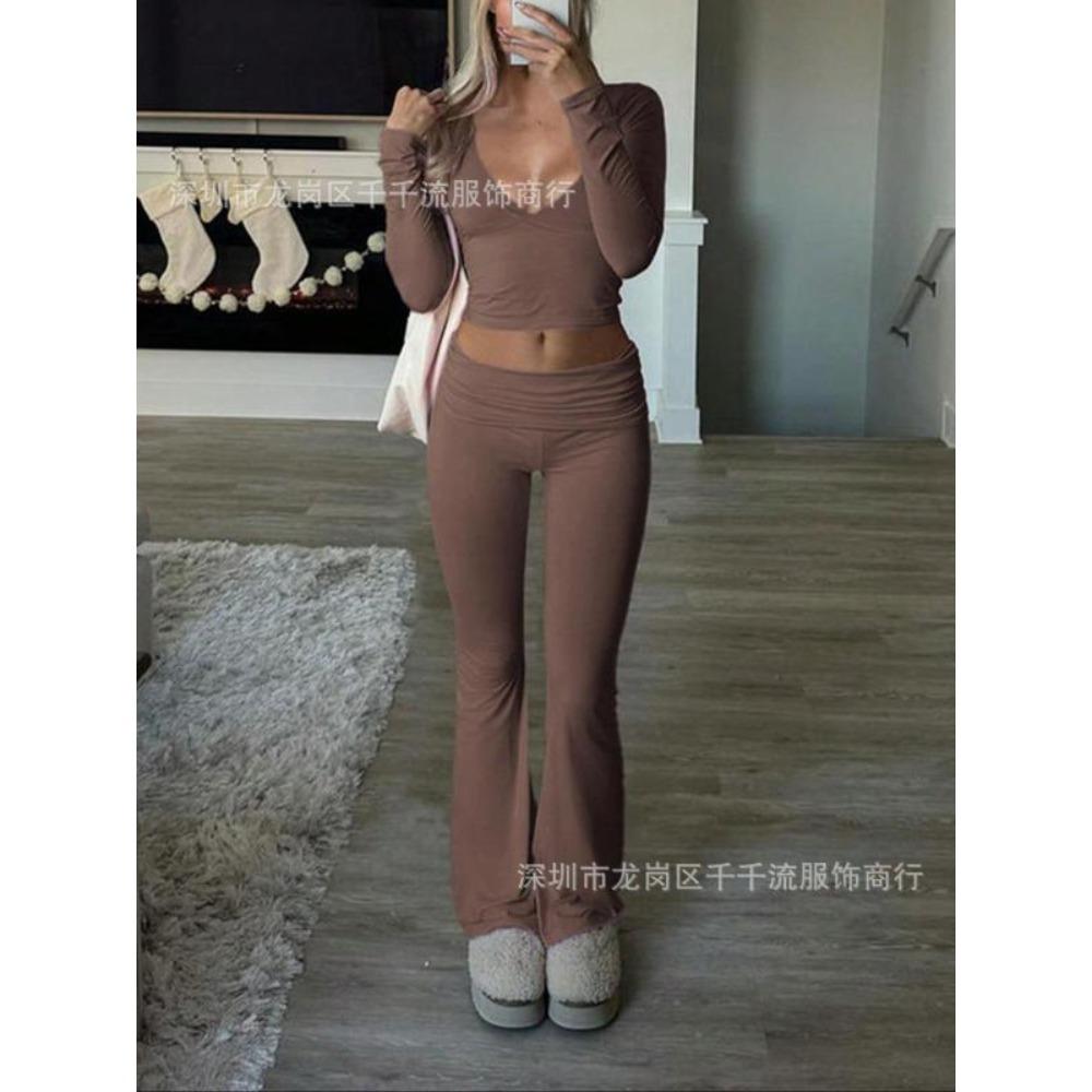 Women's V Neck Long Sleeve Crop Top High Waist Flare Pants 2 Piece Lounge Set