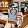 KEYSION Glitter Leopard Print Magnetic Phone Case for iPhone 13 14 15 16 17 Pro Max 17 Air 16 Plus With Plush Lanyard Shockproof Cover