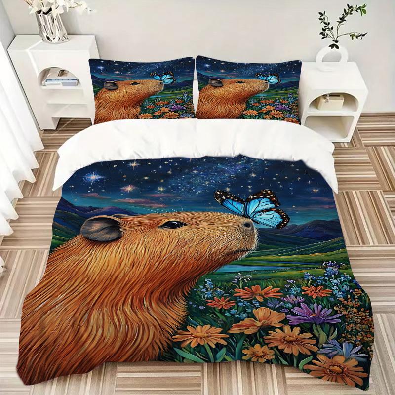 3pcs Capybara, Butterfly Duvet Cover Set - Machine Washable, Includes 1 Cover and 2 Pillowcases, No Core Included yy251013131