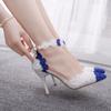 Letní svatební sandály pro nevěstu Dámské vysoké podpatky Bílá Modrá barva Družička Křišťálový diamantový pásek na kotníku Boty se špičatou špičkou