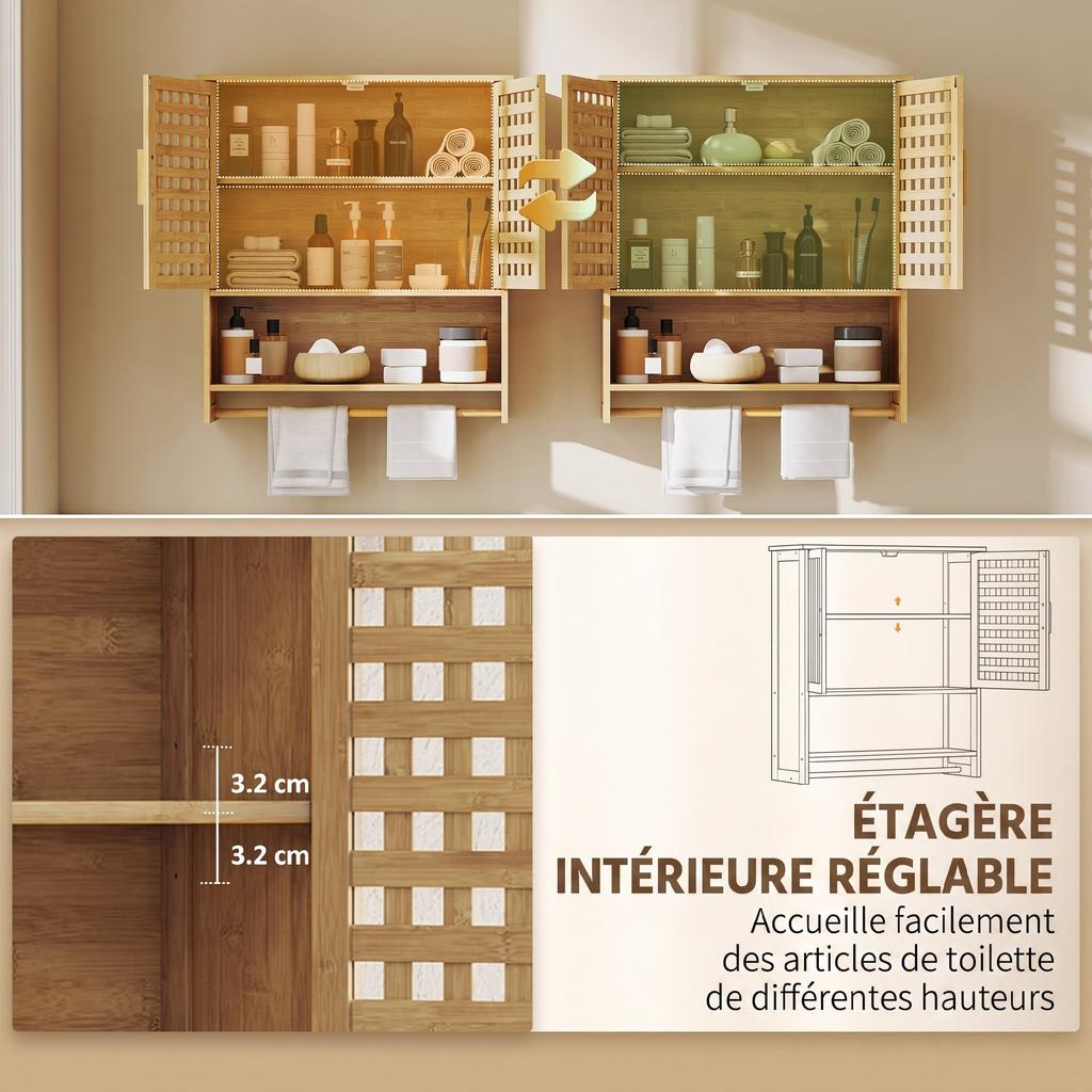 Bamboo Bathroom Wall Cabinet, 2 Slatted Doors, Open Compartment, Adjustable Shelf, Natural Wood