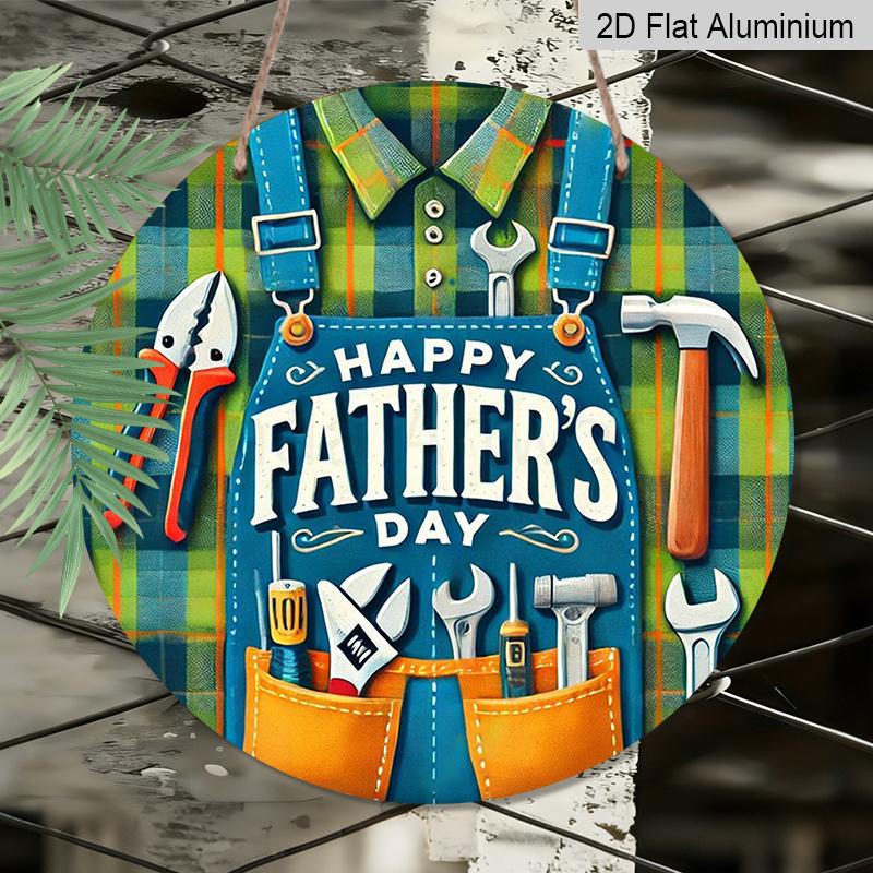 2D Flat, 1pc Round Happy Father's Day Aluminum Hanging Sign, Tool Apron Plaid Design, Durable Metal Wall Decor, Perfect for Dad Gift, Home, Bar