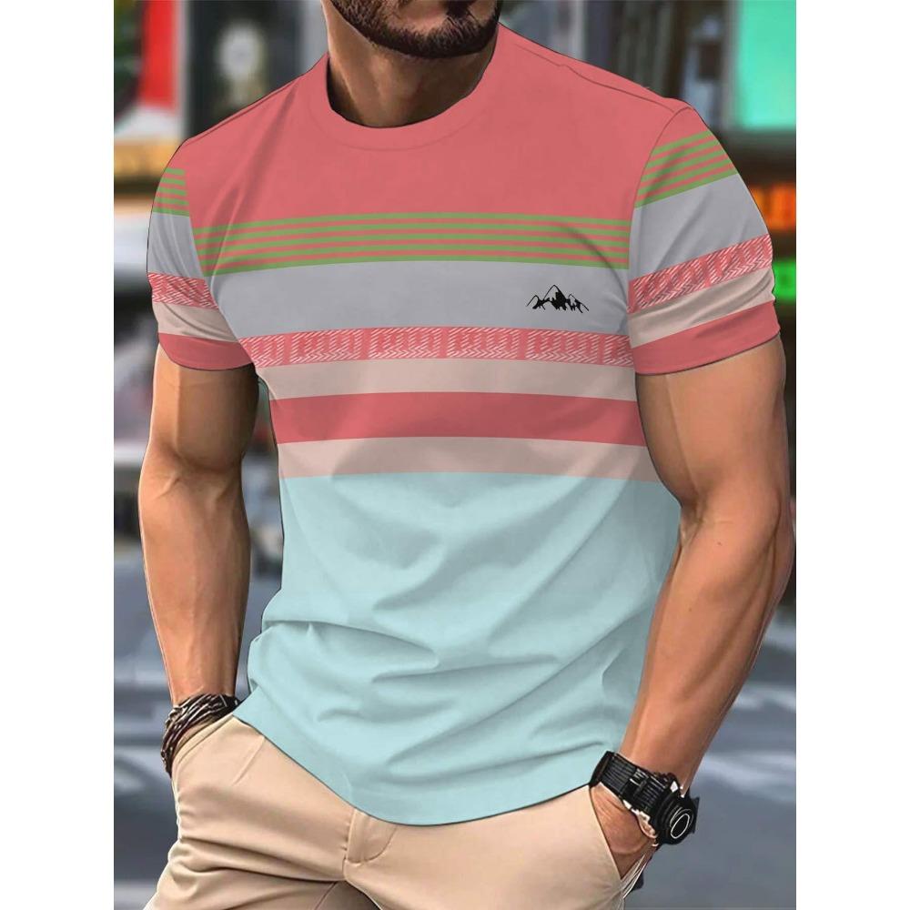 3D-Printed Color-Striped Men's T-Shirt Ship Anchor Pattern  Harajuku Street Style Round-Neck