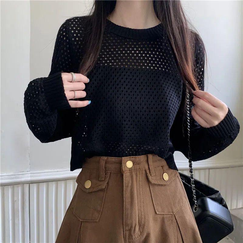 

Long Sleeve Thin Hollow Out Sun Protection Cardigan Knitwear Women s Summer Designed Niche Loose Air-Conditioning Shirt Short Top one size чорний