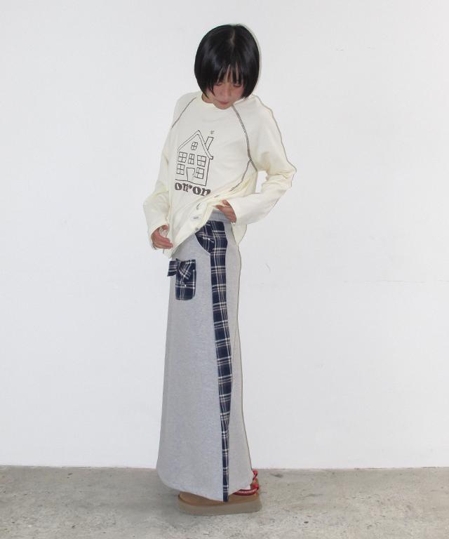 Ronron Side Check Ribbon Pocket Maxi Skirt Gray