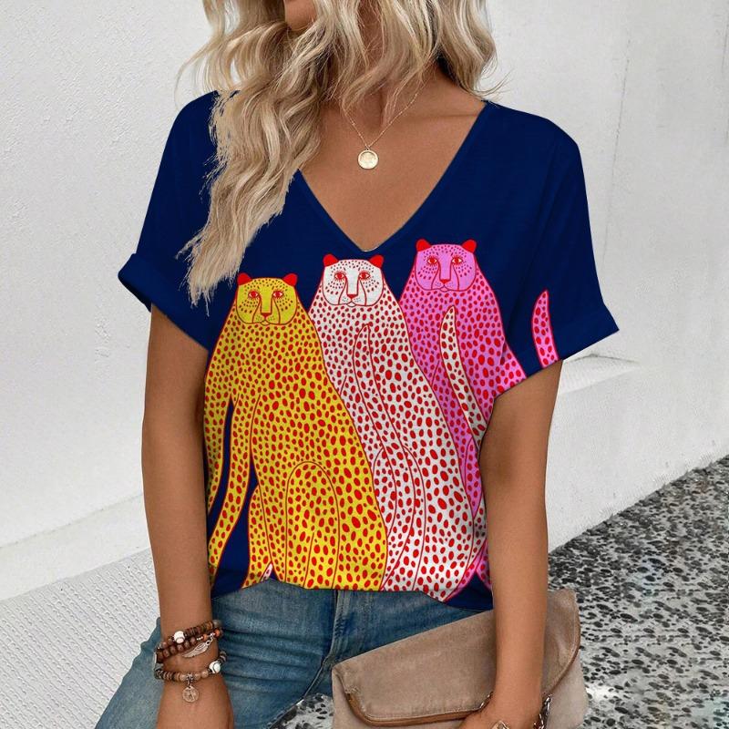 

Летняя простая модная футболка с V-образным вырезом, свободная повседневная футболка с коротким рукавом и принтом кота в 3D-формате, женская 5XL