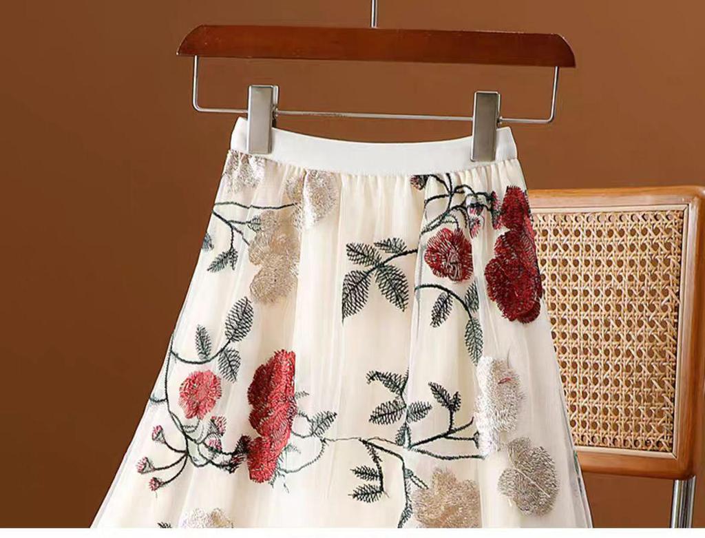 Women's Ethnic Embroidered Floral Mesh A-Line Midi Skirt