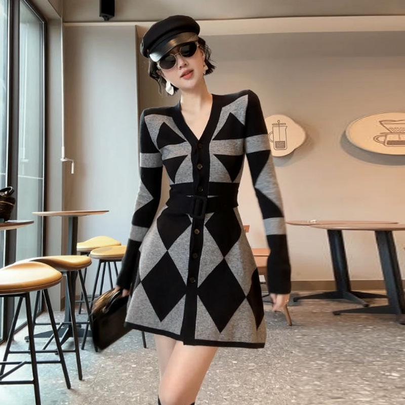 Элегантное вязаное платье А-силуэта в стиле старых римских денег - Новое поступление весны, Ретро Повседневное Large серый