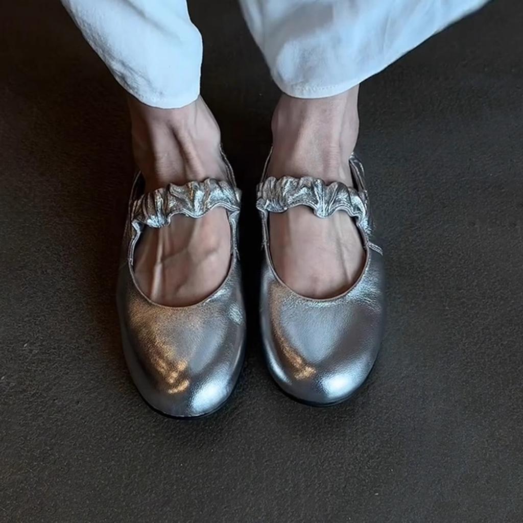 Sheepskin Version~ Silver Versatile Round Head Flat Shoes Women's Pleated One-word with Light Mouth Leather Casual Mary Jane Single Shoes