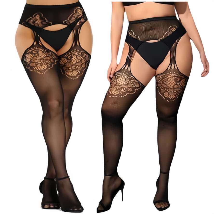 Oversized Women Hollow Black Fishnet Pantyhose Plus Size Knee Thigh High Sheer Sexy Lace Stockings Lingerie Socks Tights 5Xxxxxl