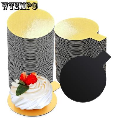 100pcs 2 Inch Round Cake Board with Tab Mini Pastry Reversible Waxed Cake Board for Dessert Display Trays Pastry Plates Golden and Black Cake Board