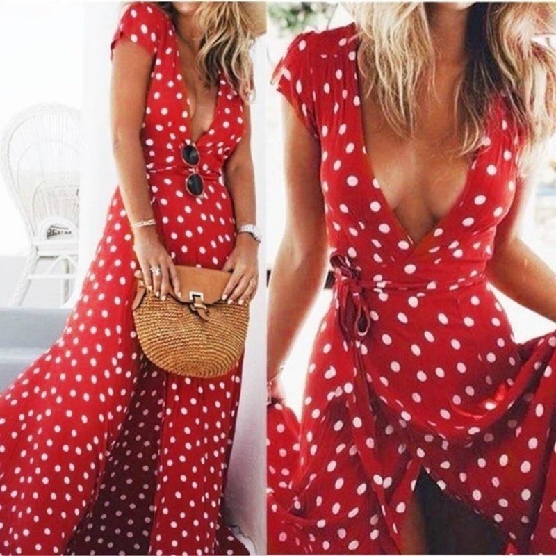 4 Colors Women's Fashion Boho Long Dot Dress Long Dress High Silt Printed Beach Dress Plus Size S-5XL