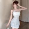Spice girl sexy pure lace neck sling dress temperament three-dimensional flower decoration backless slim hip skirt