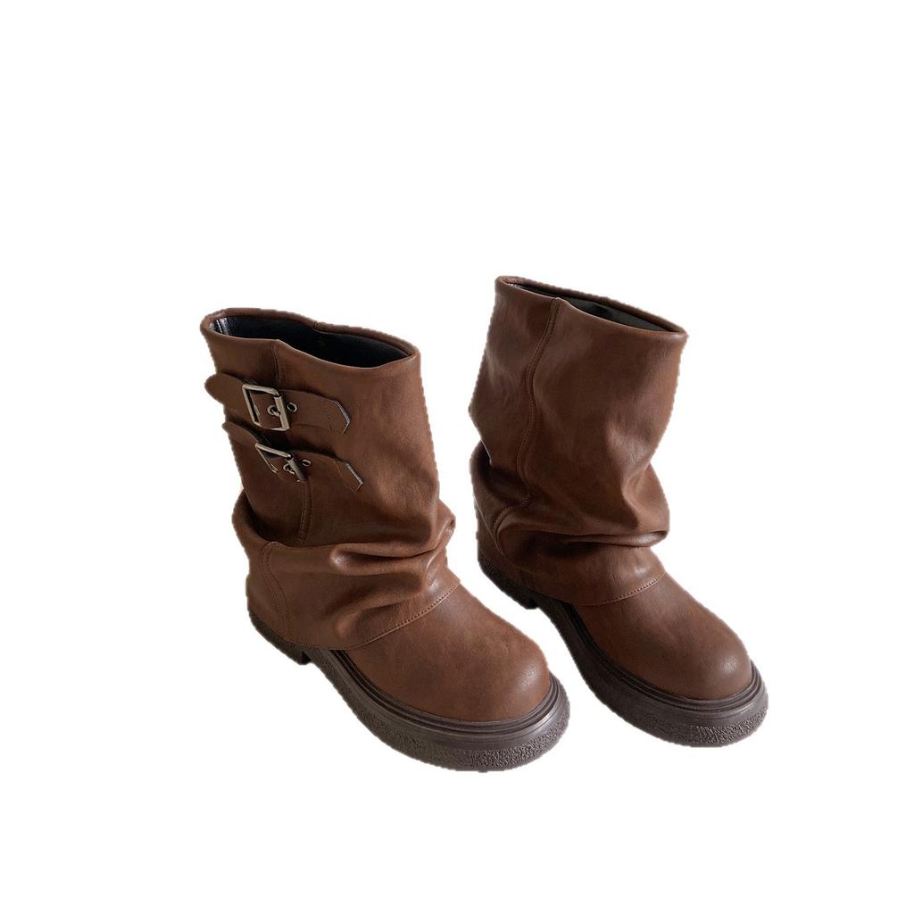 New Autumn and Winter Martin Boots Women's Maillard Platform Heightening Short Locomotive Slack Wrinkled Stack Boots