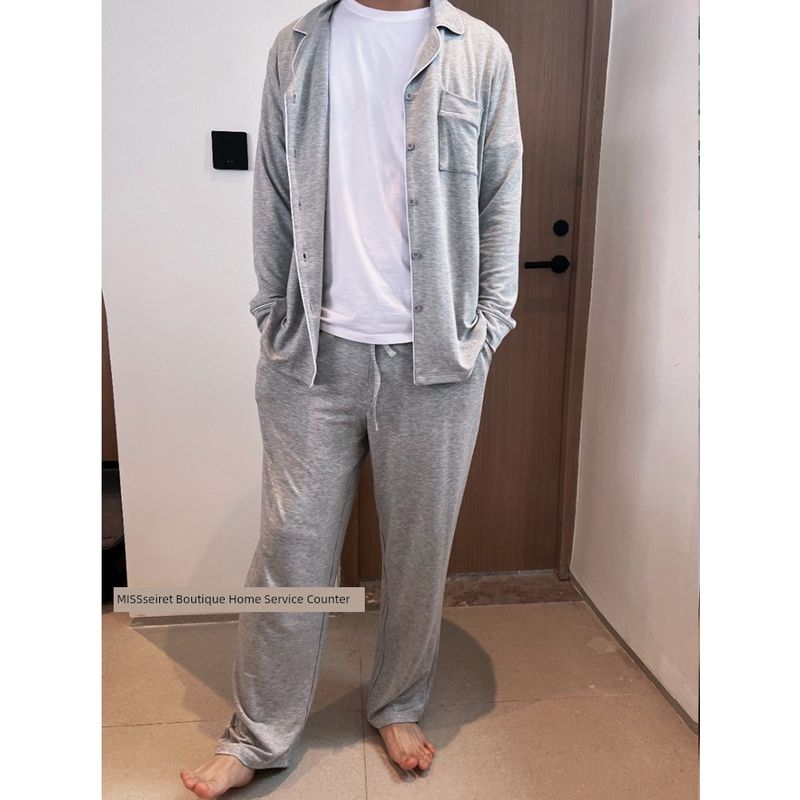 

London Accessible Luxury ~ Italy Men K Edge Retro Green Modal 60 Pajamas Comfortable Long Sleeve Pants Homewear Italian Men K-edge light gray XXL