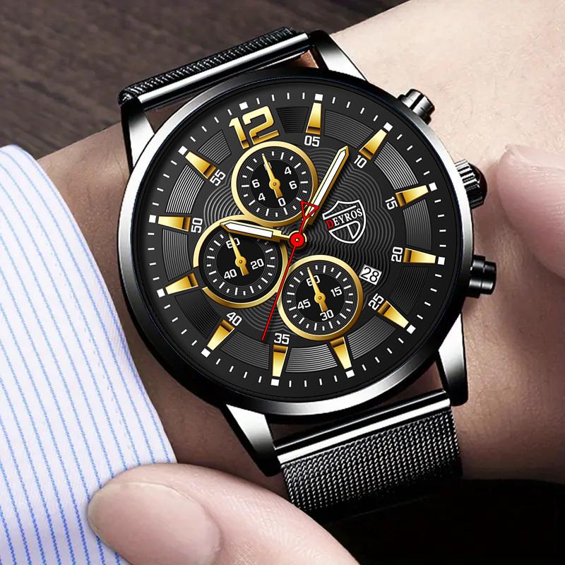 3pcs/set, 1pc Men's Fashion Casual Stainless Steel Mesh Band Quartz Watch & 1pc Bracelet & 1pc Necklace with