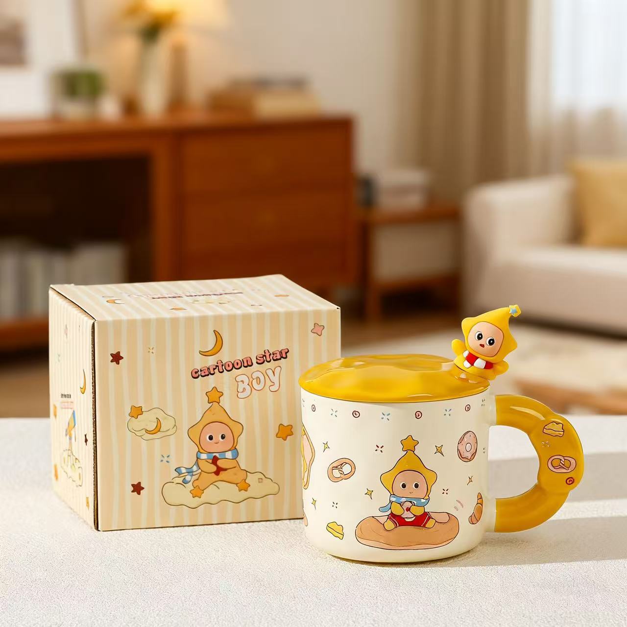

Cute Star Wish Mug with Lid Spoon Couple Ceramic Water Cup Household Girls High Value Office Cup Small Gifts ≈400ml