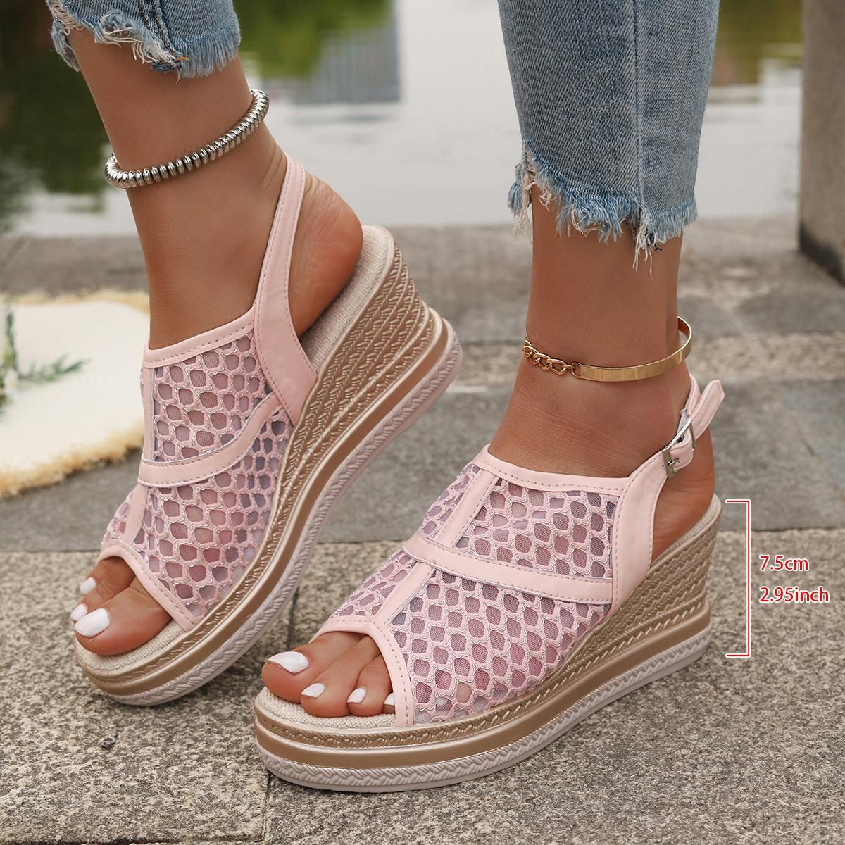 

Summer new large size foreign trade women s shoes Roman wind slope heel thick sole hollow fish mouth sandals women s foreign trade high heel sandals 43 розовый