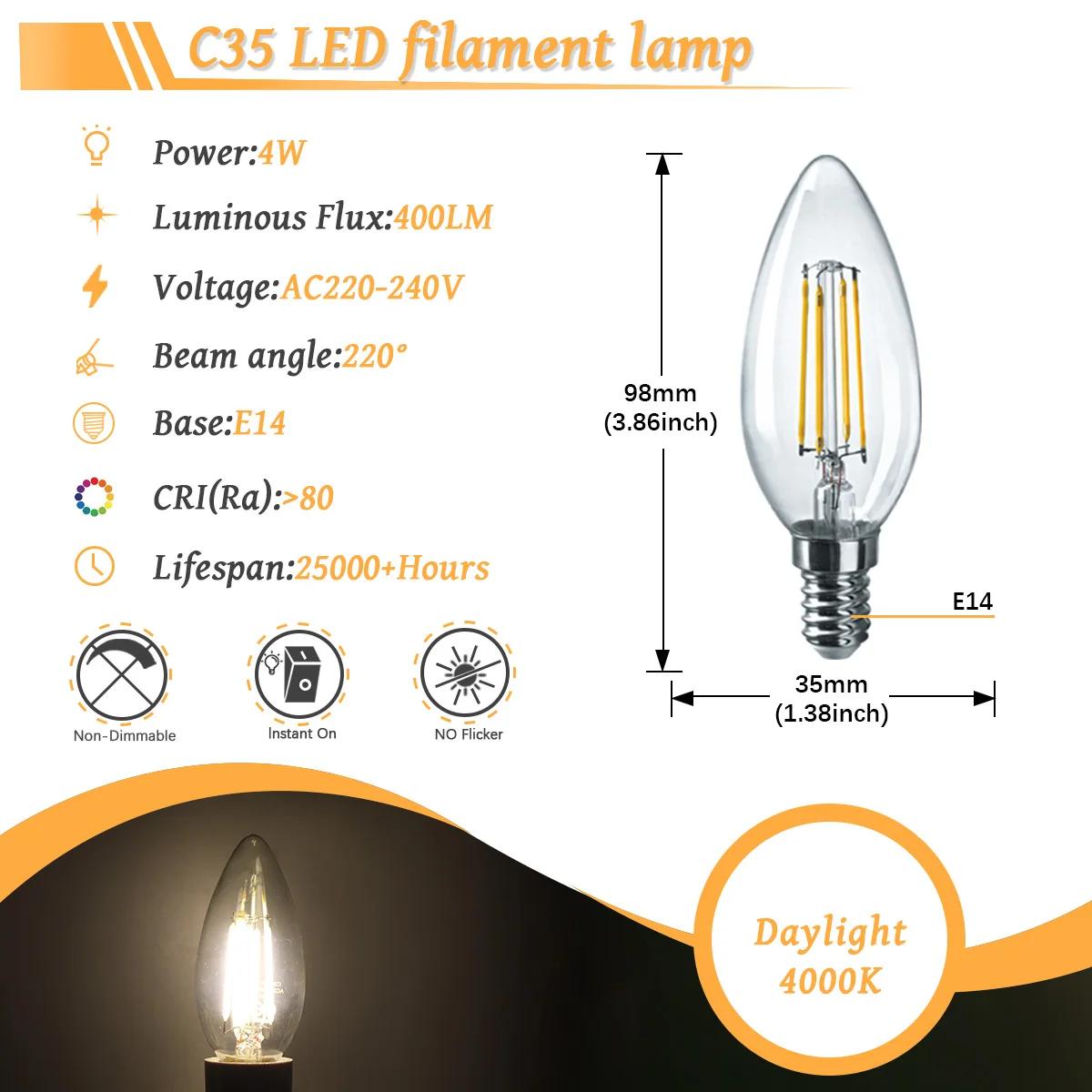 

6PCS LED Filament Light Bulb Retro Edison E27 E14 B22 4000K 2700K 220V A60 G45 C37 Vintage Ampoule Incandescent Bulb Edison Lamp AC220-240V