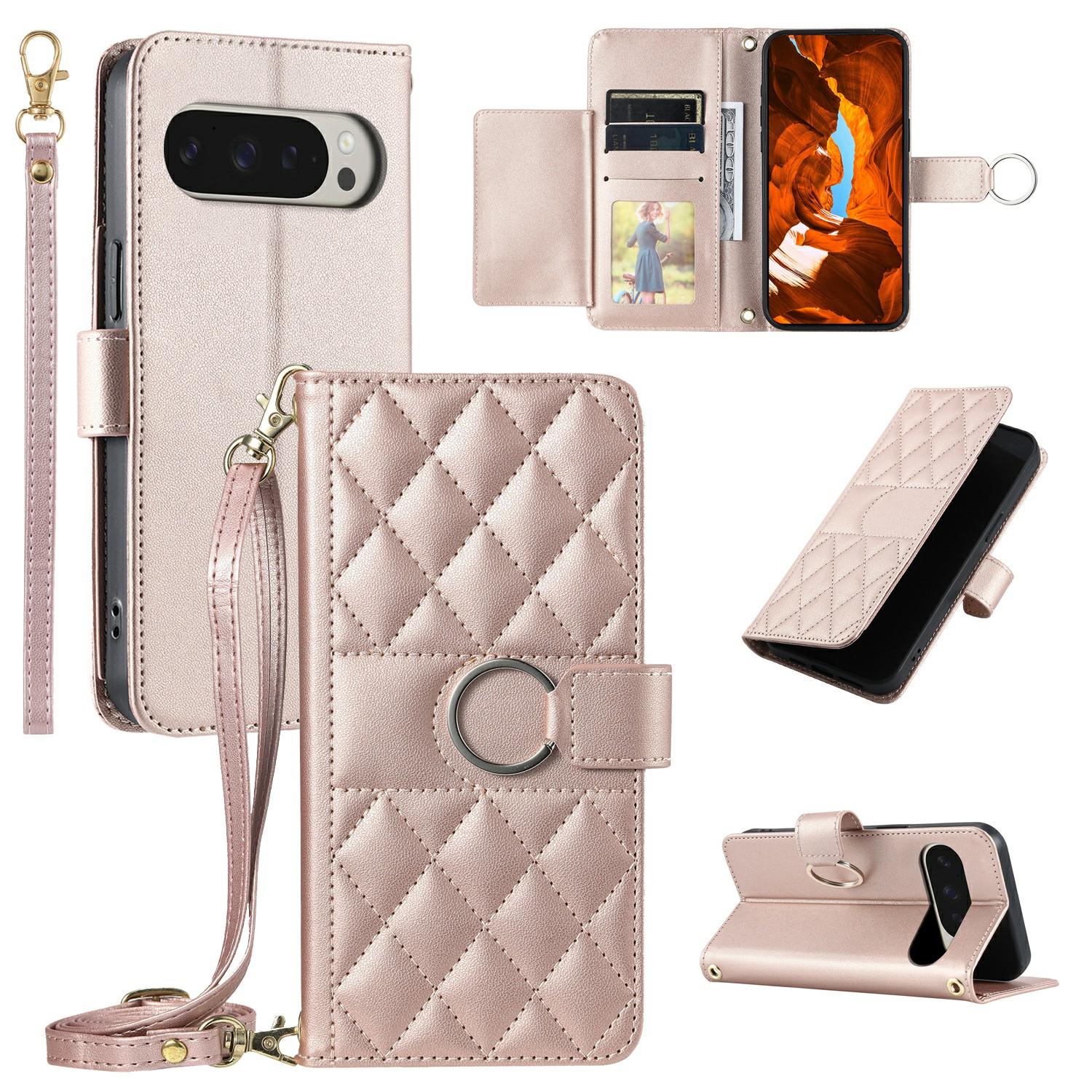 

For Google Pixel 10 Pro XL Case Ring Buckle Wallet Stand Rhombus Crossbody Leather Mobile Cover Rose Gold