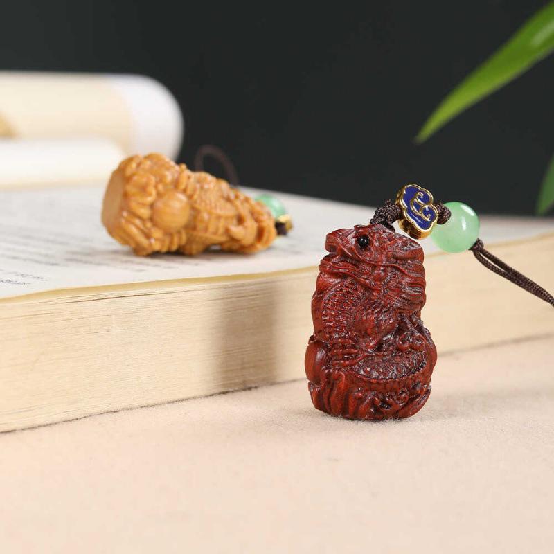 Creative Chinese Style Zodiac Dragon Carving Keyring Pendant in Green and Purple Sandalwood