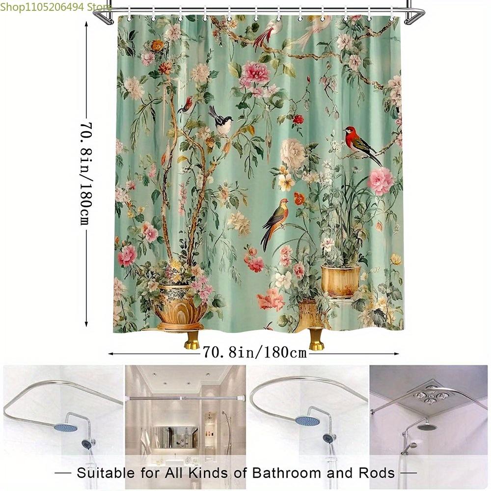 1pc Vintage Floral and Bird Shower Curtain Bathroom Decor Polyester Fabric with 12 Hooks 70.8x70.8 Inches