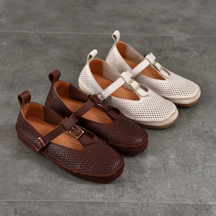 Johnature Retro Genuine Leather Soft Soled Hollow-out Sandals Round Toe Belt Buckle Flat Women's Shoes