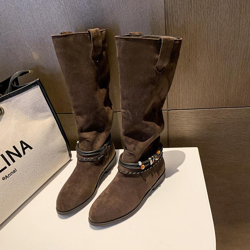 Cowhide version~ Power power thick heel western cowboy boots women's retro thin long tube stacking boots tall knight boots