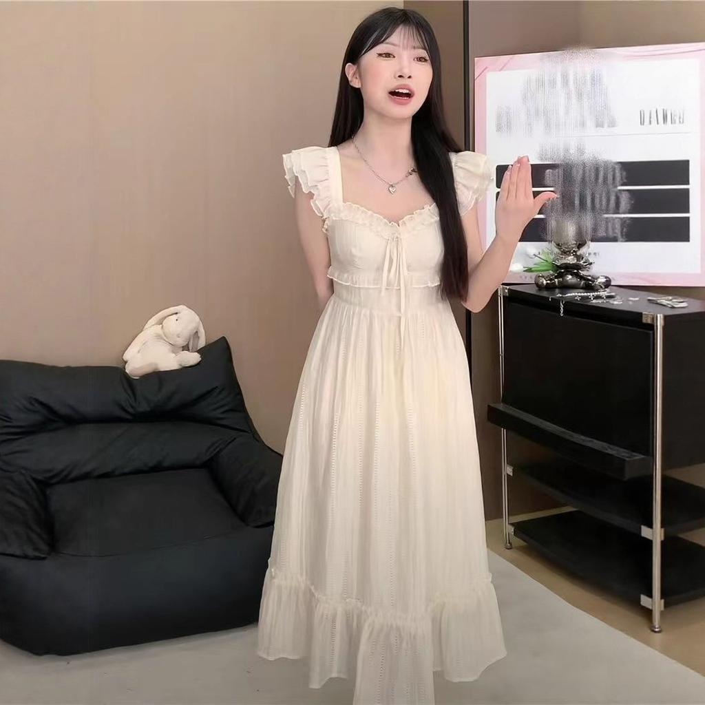 French sweet first love Xiaofei sleeve summer dress new waist thin knee long dress temperament beige