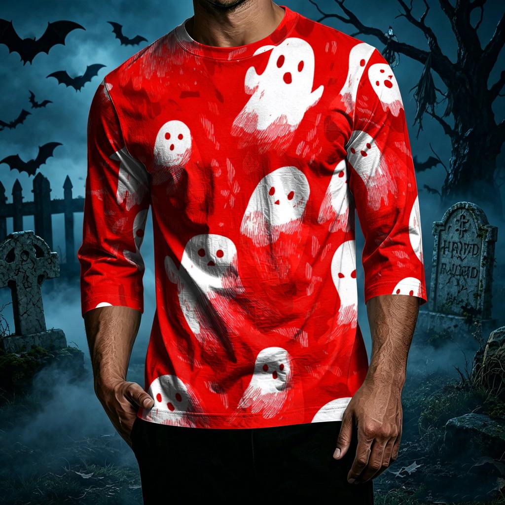 Men's Casual Halloween Print Crew Neck T Shirt Three Quarter Sleeve Top Comfortable Fit Lightweight Fabric Stylish Design