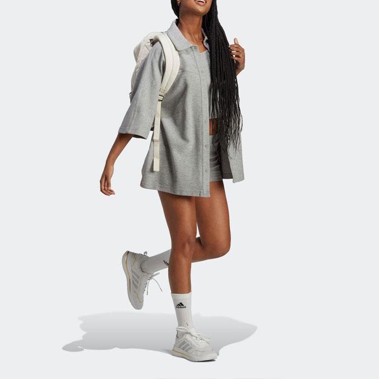 Adidas Solid Color Single-Breasted Soft Casual Polo Straight-Cut Short Sleeve Shirt Women Shirts Medium-Gray HZ4396