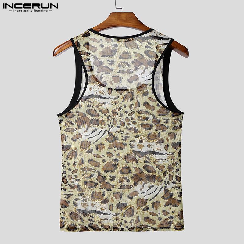 INCERUN Men Sleeveless Leopard Semi-Sheer Fitted Casual Tank Tops