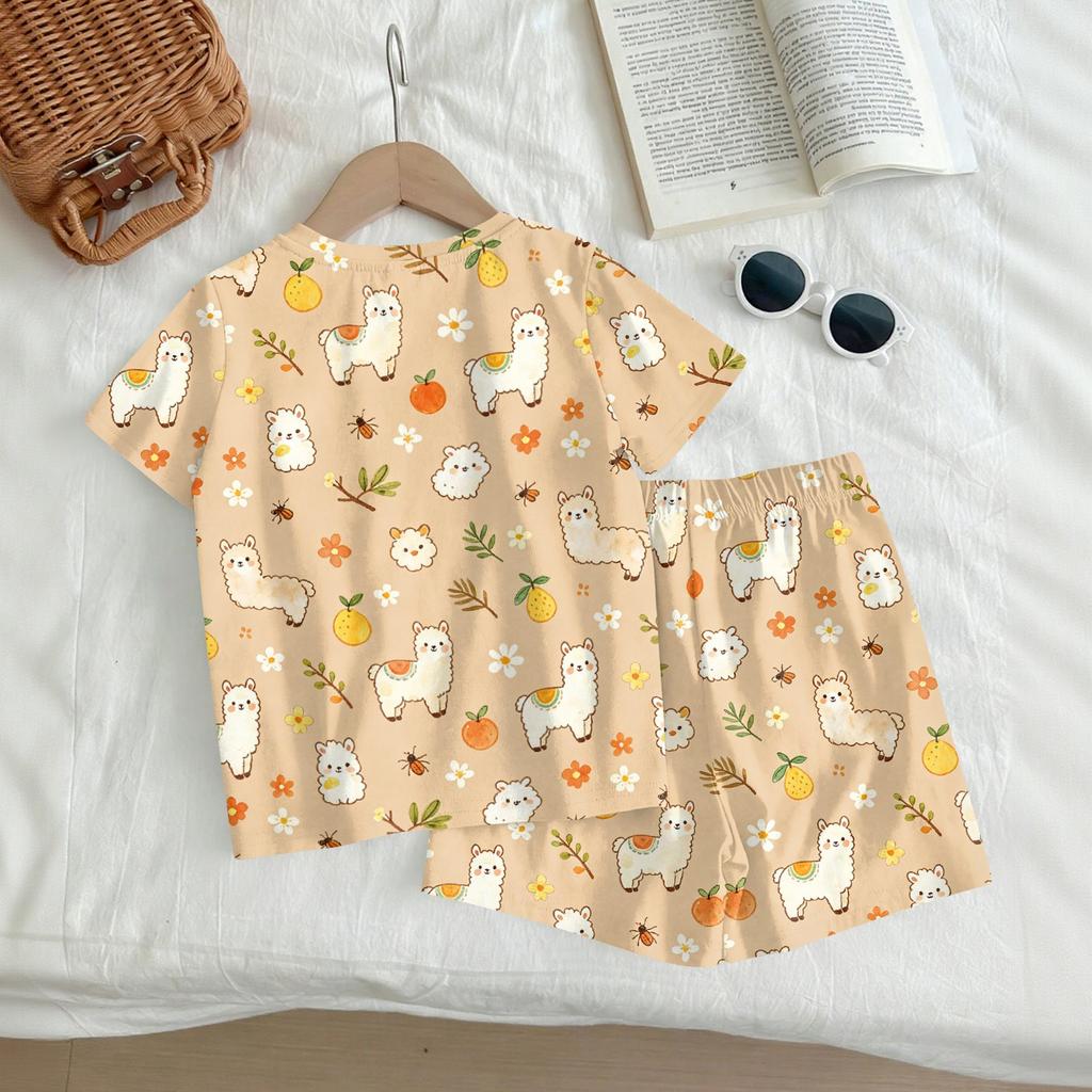 Kids Casual Short Sleeve Top and Shorts Set Lightweight Soft Fabric Animal Print Summer Outfit for Toddlers and Children