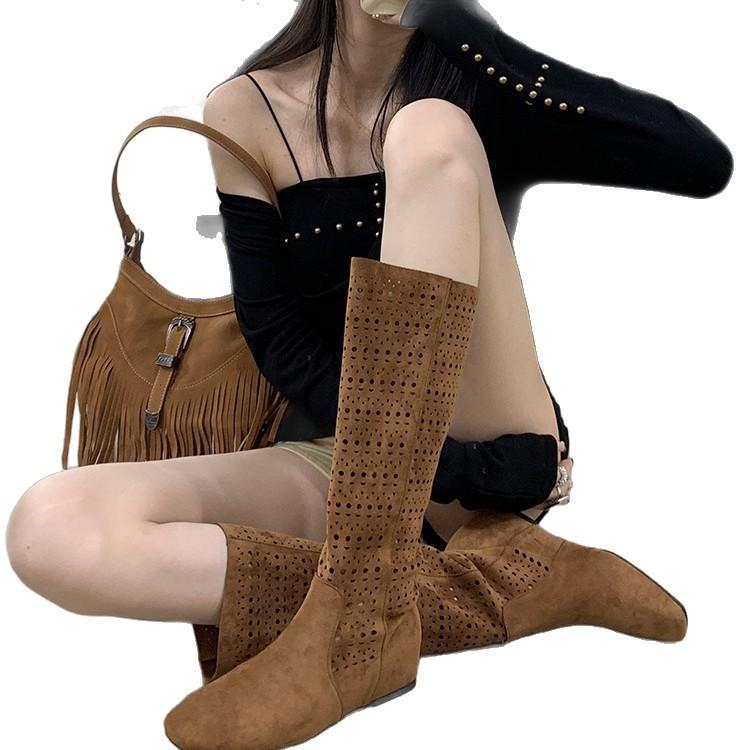 Western Cowboy Boots Women's Autumn Breathable Hole Boots 2025 French New Retro Flat Cool Boots Knight Boots Women