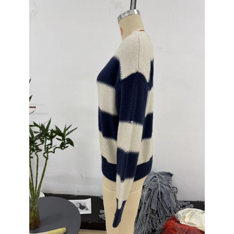 Women S Color Block Striped Knit Sweater Loose Drop Shoulder Crew Neck Long Sleeve Casual Top