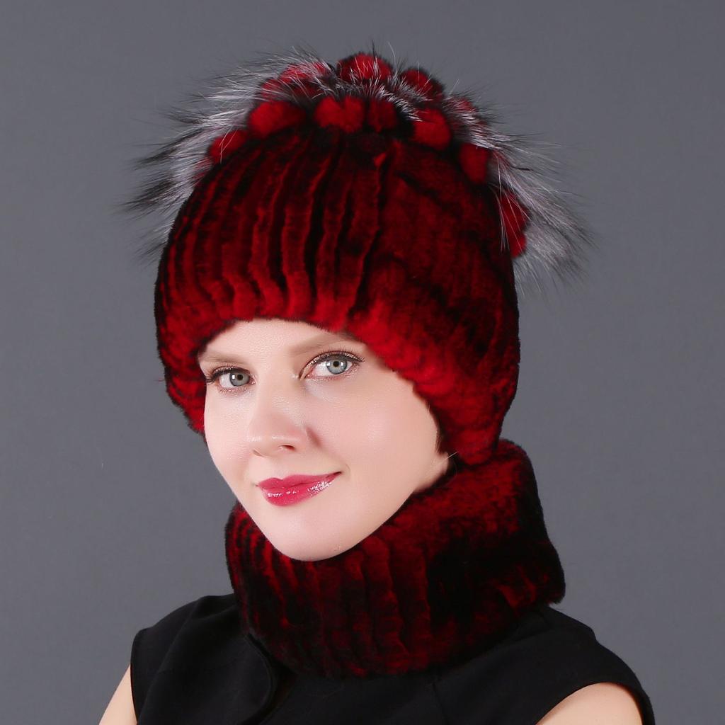 Women's New Rex Rabbit Short Dye Plus Black Fox Hair Hat Scarf Two-piece Set, Winter Warm Woven Fur Hat