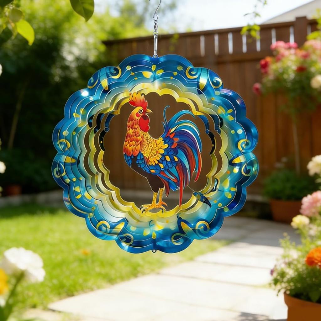 Rooster Wind Spinner, 30cm 3D Metal Hanging Wind Spinner, Hanging Ornament for Women Gifts Garden Yard Art Decorations (Rooster)
