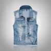Große Größe Schlanker Trend Herren Jeansweste Herren Hellblaue Weste Weste Zerrissene Jeansweste
