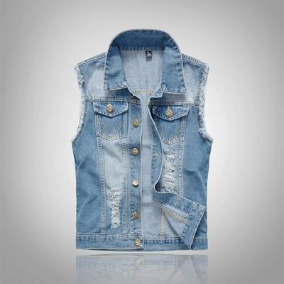 Large Size Slim Trend Men's Denim Vest Men's Light Blue Vest Waistcoat Ripped Denim Vest