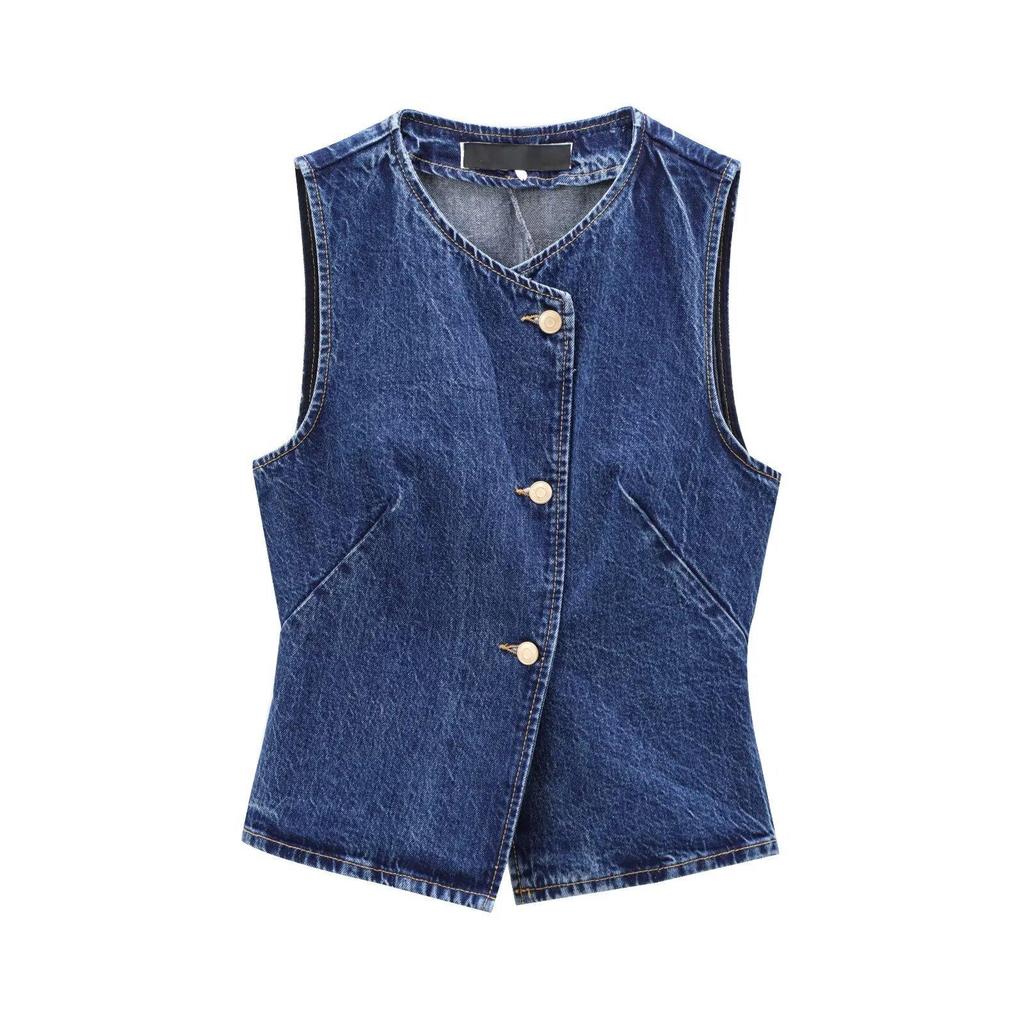 2024 Women's Sleeveless Irregular Denim Vest - European & American Style, Solid Color Fashion