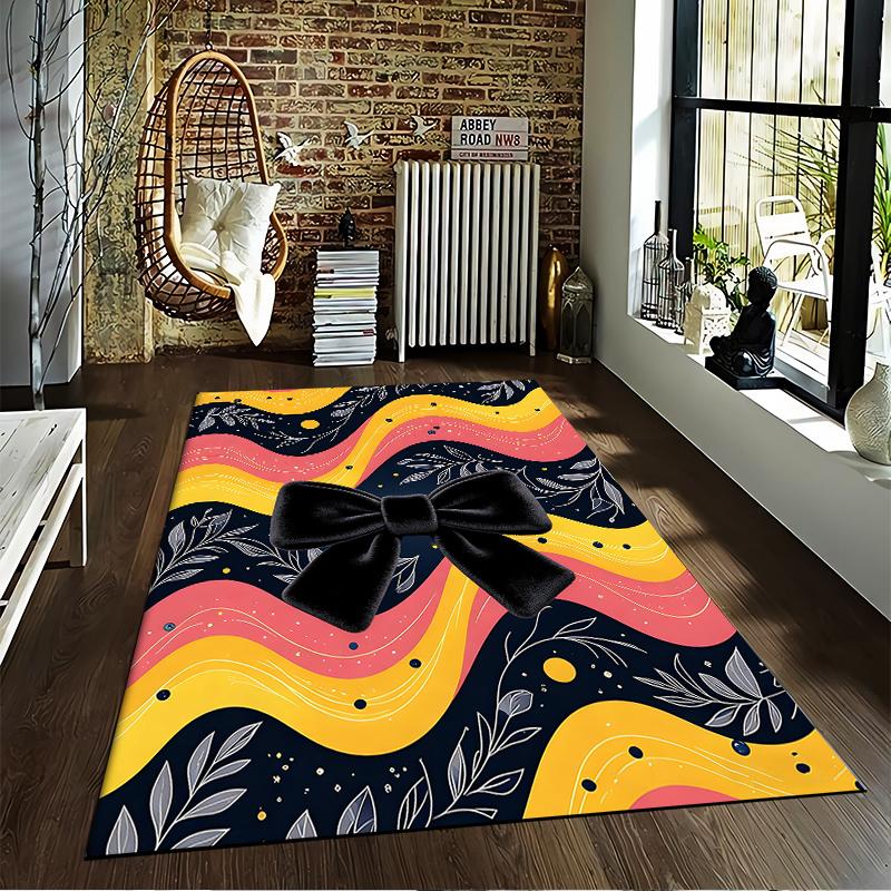 "Colorful Wave Pattern Carpet with Black Bow and Leaf Design" Suitable for use as an anti-slip for living room bedroom sofas