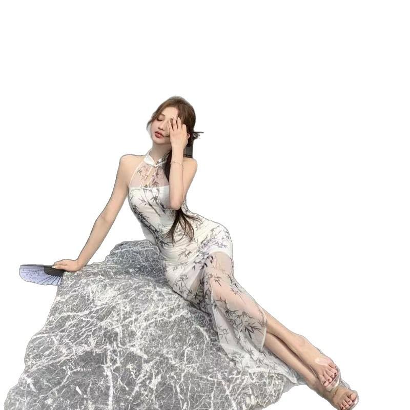 New Chinese style ink painting mesh yarn neck dress women's summer design sense slim improved cheongsam hip skirt