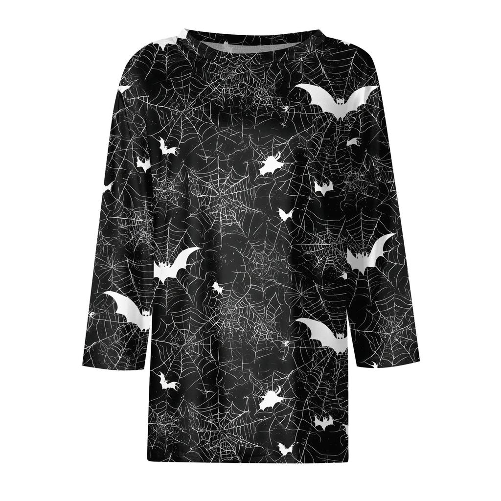 Womens Casual Loose Fit Halloween Print T Shirt Round Neck Three Quarter Sleeve Blouse Comfortable Everyday Wear