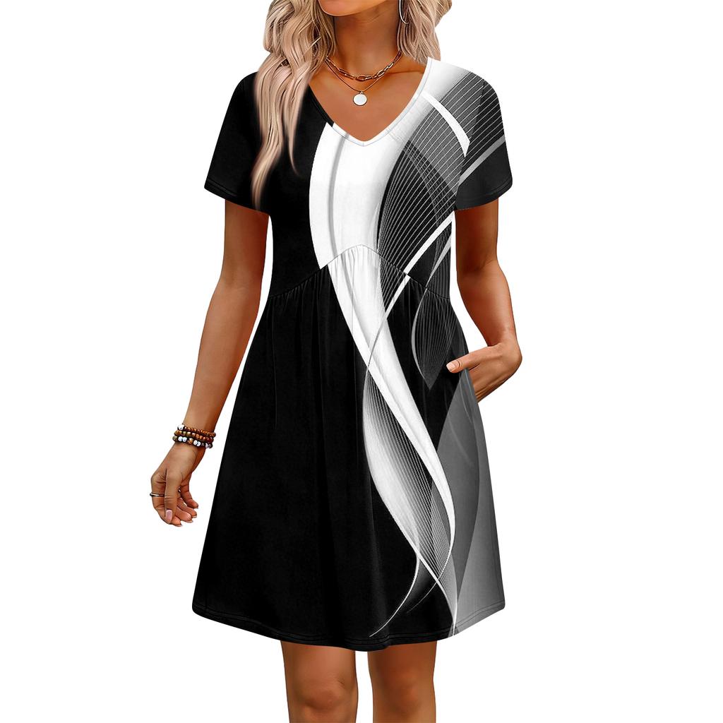 Modisches Damenkleid mit Print, V-Ausschnitt, kurzärmelig, locker, lässig, für den Strandurlaub