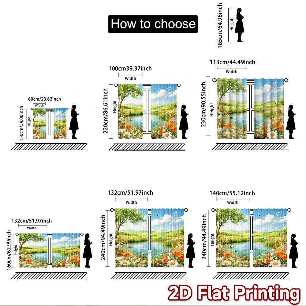 2D Flat Printing 2pcs Drapes Colorful Butterfly Meadow Lake Landscape Digital Printed Polyester Drapes Festive Wall Decor for