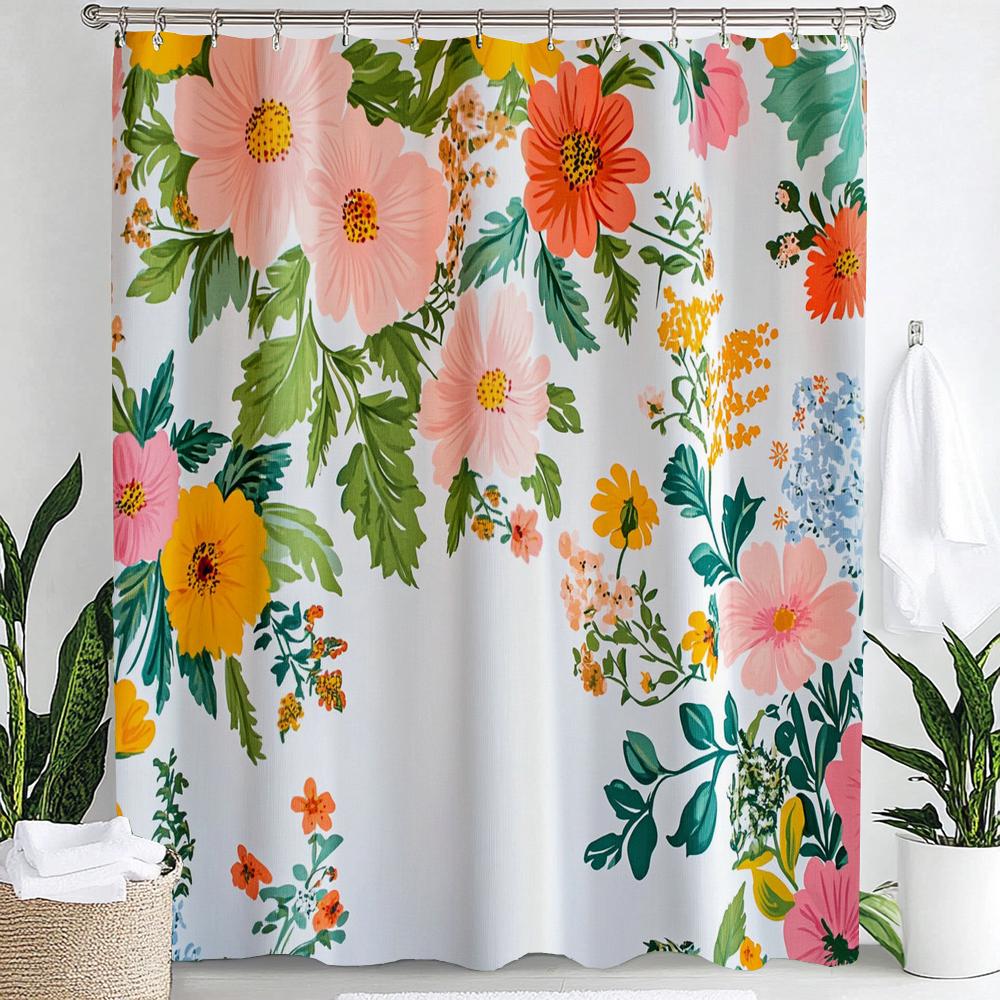 Spring Flowers Shower Curtain Floral Bathroom Curtain Romantic Refreshing Curtain, Printed Polyester Shower Curtain With Hooks