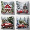 Christmas Pillowcases: Red Truck & Snowy Cottage Christmas Scenes Sofa Room Decoration New Year Holiday Home Decoration Short Pl