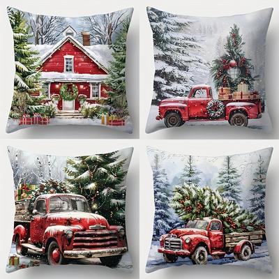 Christmas Pillowcases: Red Truck & Snowy Cottage Christmas Scenes Sofa Room Decoration New Year Holiday Home Decoration Short Pl