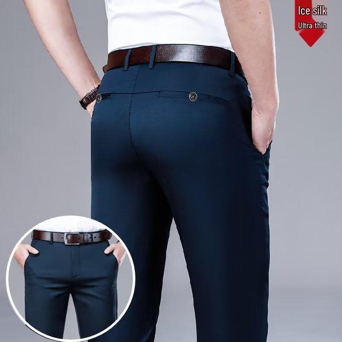 Men's Summer Lightweight Casual Straight-Leg Trousers - Ice Silk Business Suit Pants for Middle-Aged Men