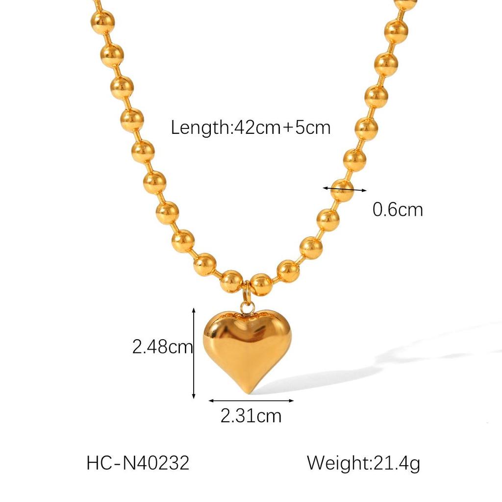 18K Gold Heart Pendant Necklace with Round Bead Chain in Titanium Steel – European & American Classic Style for Women